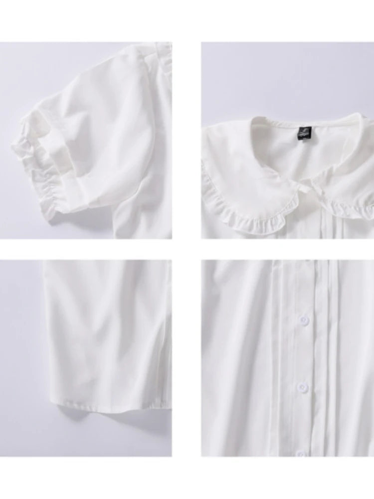 LVSANW HOUZHOU White Shirt Kawaii Peter Pan Collar Preppy Style Blouses Woman Sweet Ruffle Short Sleeve Tops Summer 2024 Fashion