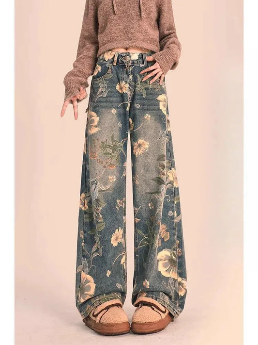 LVSANW  Y2K Floral Printed Jeans for Women Harajuku High Waisted Denim Pants Female Retro Loose Casual Streetwear Trousers