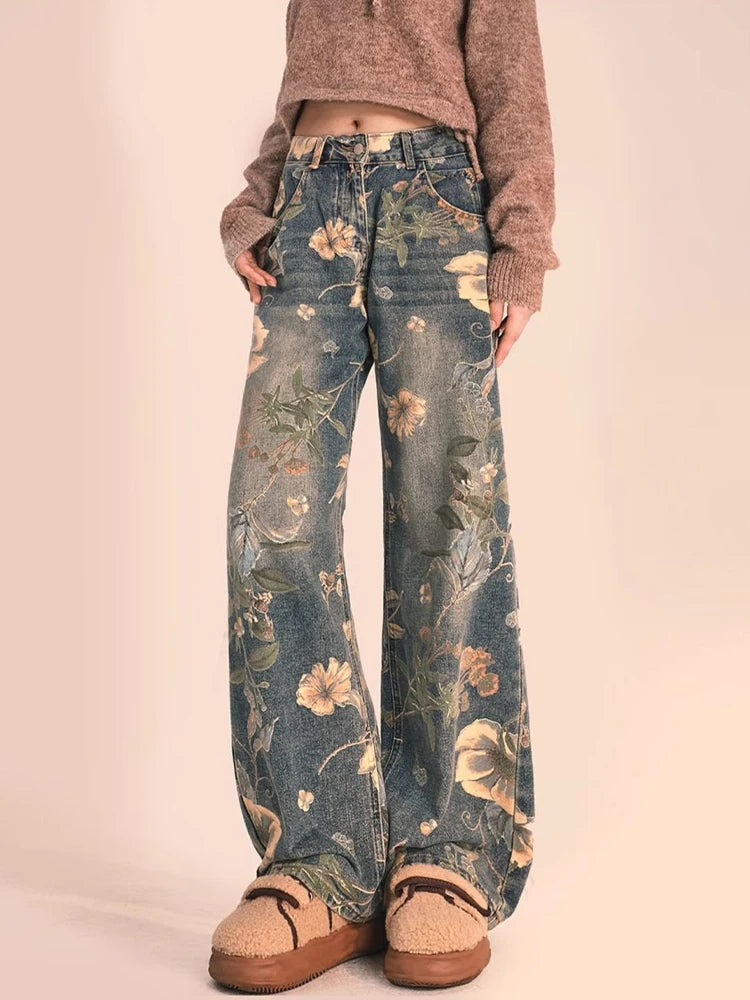 LVSANW HOUZHOU Y2K Floral Printed Jeans for Women Harajuku High Waisted Denim Pants Female Retro Loose Casual Streetwear Trousers