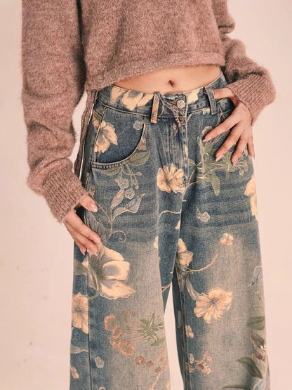 LVSANW HOUZHOU Y2K Floral Printed Jeans for Women Harajuku High Waisted Denim Pants Female Retro Loose Casual Streetwear Trousers