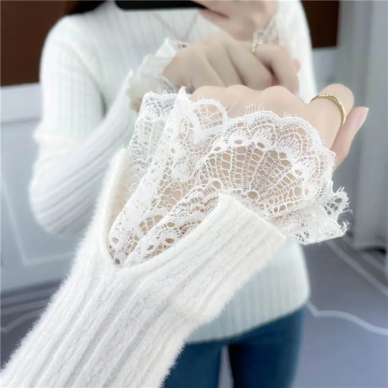 LVSANW Half Turtleneck Thickened Imitation Mink Sweater Bottoming Shirt 2025 New Autumn and Winter Lace All-match Elegant Chic Top