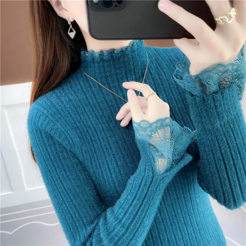 LVSANW Half Turtleneck Thickened Imitation Mink Sweater Bottoming Shirt 2025 New Autumn and Winter Lace All-match Elegant Chic Top