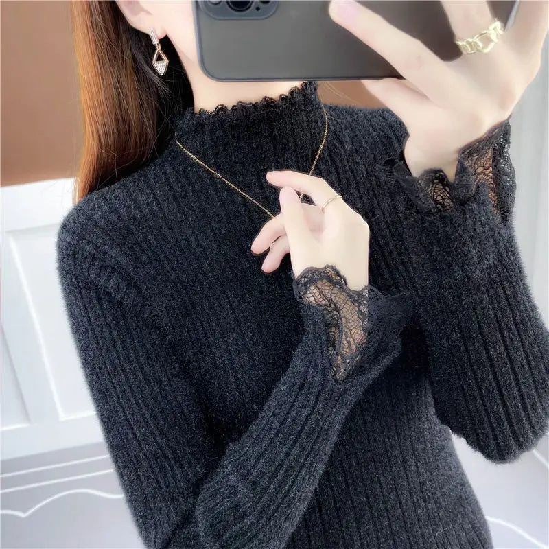 LVSANW Half Turtleneck Thickened Imitation Mink Sweater Bottoming Shirt 2025 New Autumn and Winter Lace All-match Elegant Chic Top