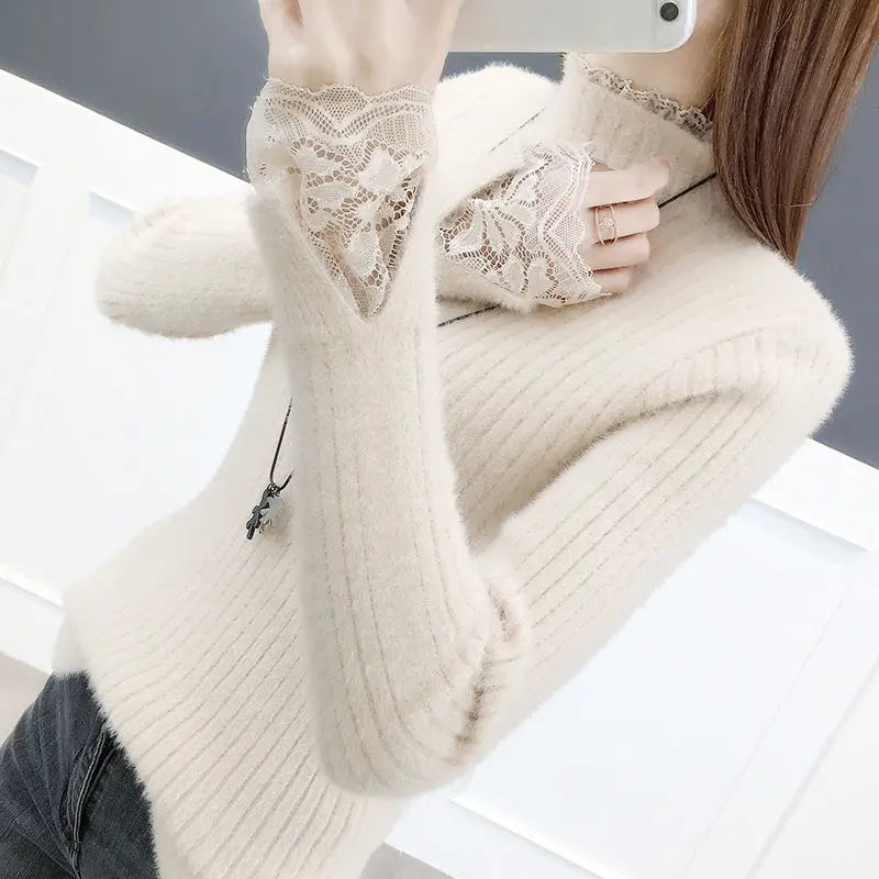 LVSANW Half Turtleneck Thickened Imitation Mink Sweater Bottoming Shirt 2025 New Autumn and Winter Lace All-match Elegant Chic Top