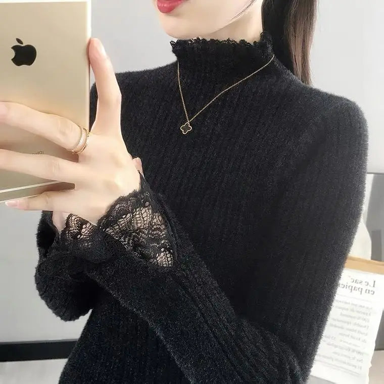 LVSANW Half Turtleneck Thickened Imitation Mink Sweater Bottoming Shirt 2025 New Autumn and Winter Lace All-match Elegant Chic Top