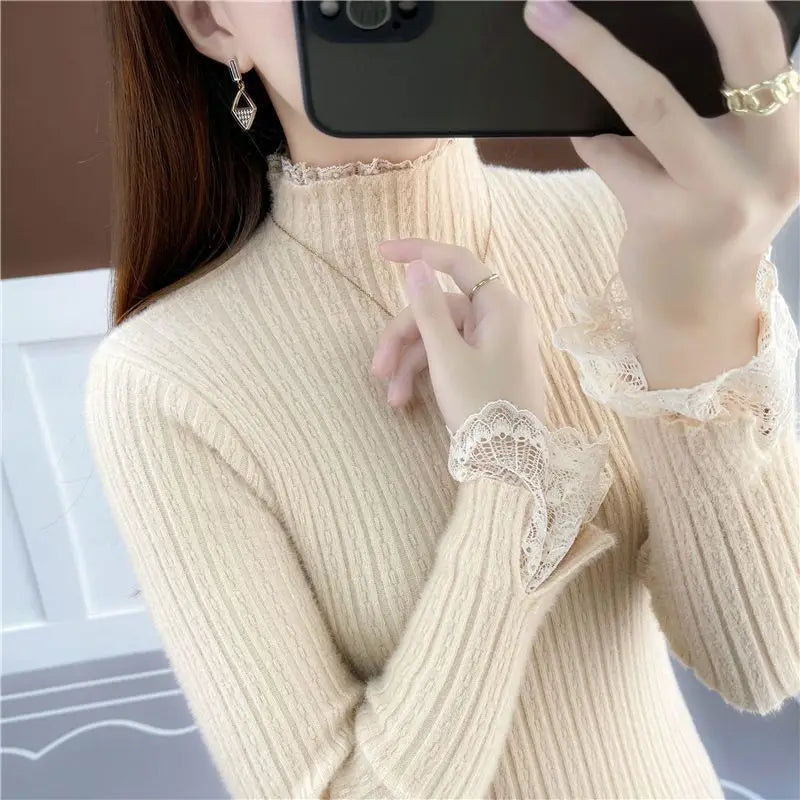 LVSANW Half Turtleneck Thickened Imitation Mink Sweater Bottoming Shirt 2025 New Autumn and Winter Lace All-match Elegant Chic Top