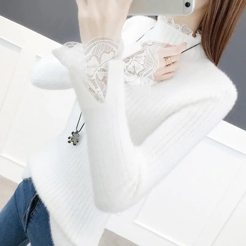 LVSANW Half Turtleneck Thickened Imitation Mink Sweater Bottoming Shirt 2025 New Autumn and Winter Lace All-match Elegant Chic Top