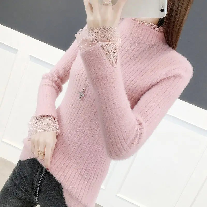 LVSANW Half Turtleneck Thickened Imitation Mink Sweater Bottoming Shirt 2025 New Autumn and Winter Lace All-match Elegant Chic Top