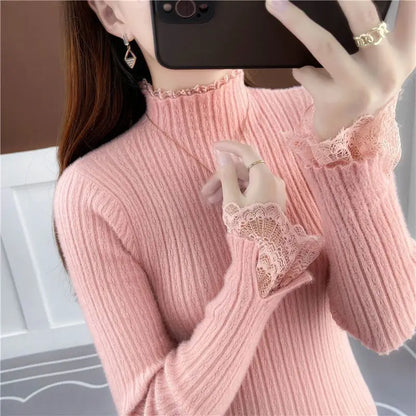 LVSANW Half Turtleneck Thickened Imitation Mink Sweater Bottoming Shirt 2025 New Autumn and Winter Lace All-match Elegant Chic Top