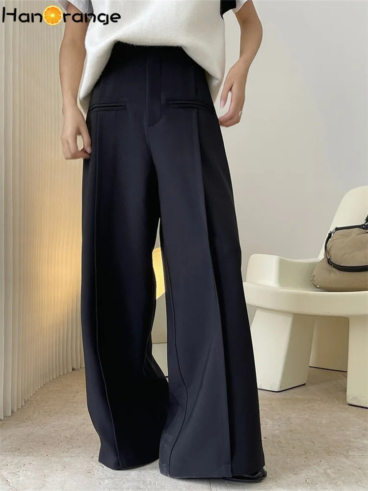 LVSANW HanOrange 2024 Autumn Winter Fashion High Waisted Wide Leg Pants Women Loose A-line Trousers Black/Olive Green