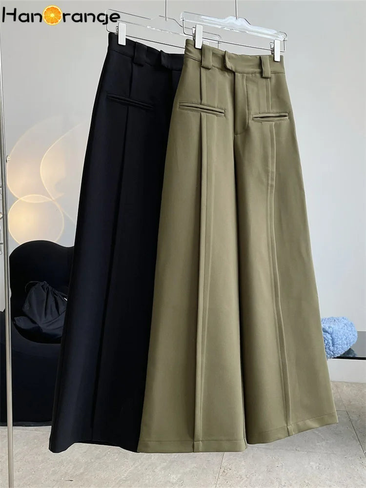 LVSANW HanOrange 2024 Autumn Winter Fashion High Waisted Wide Leg Pants Women Loose A-line Trousers Black/Olive Green