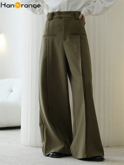 LVSANW HanOrange 2024 Autumn Winter Fashion High Waisted Wide Leg Pants Women Loose A-line Trousers Black/Olive Green