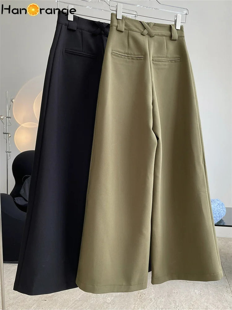 LVSANW HanOrange 2024 Autumn Winter Fashion High Waisted Wide Leg Pants Women Loose A-line Trousers Black/Olive Green