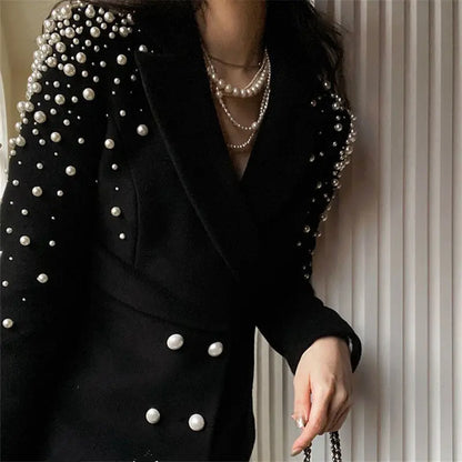 LVSANW Handmade beaded woolen jacket women's new temperament celebrity thin double-breasted thin top  autumn winter Outerwears2024