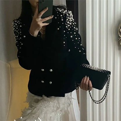 LVSANW Handmade beaded woolen jacket women's new temperament celebrity thin double-breasted thin top  autumn winter Outerwears2024