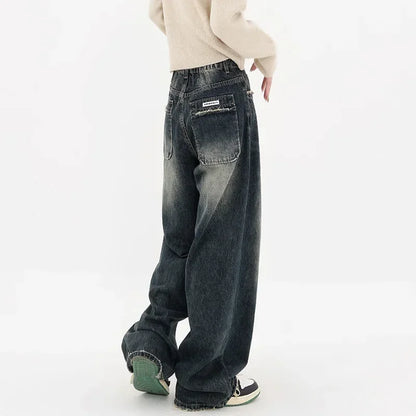 LVSANW Harajuku Streetwear Retro Fashion Autumn Women High Waist Jeans Loose Wide Leg Straight Loose Denim Trousers Y2K Baggy Pants