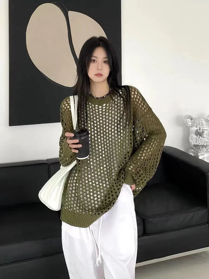 LVSANW Harajuku Women Pullovers 2025 Ropa Mujer Y2k Clothing Fashion Hollow Out Knitting Sweater Loose Casual See Throught Jumper Tops