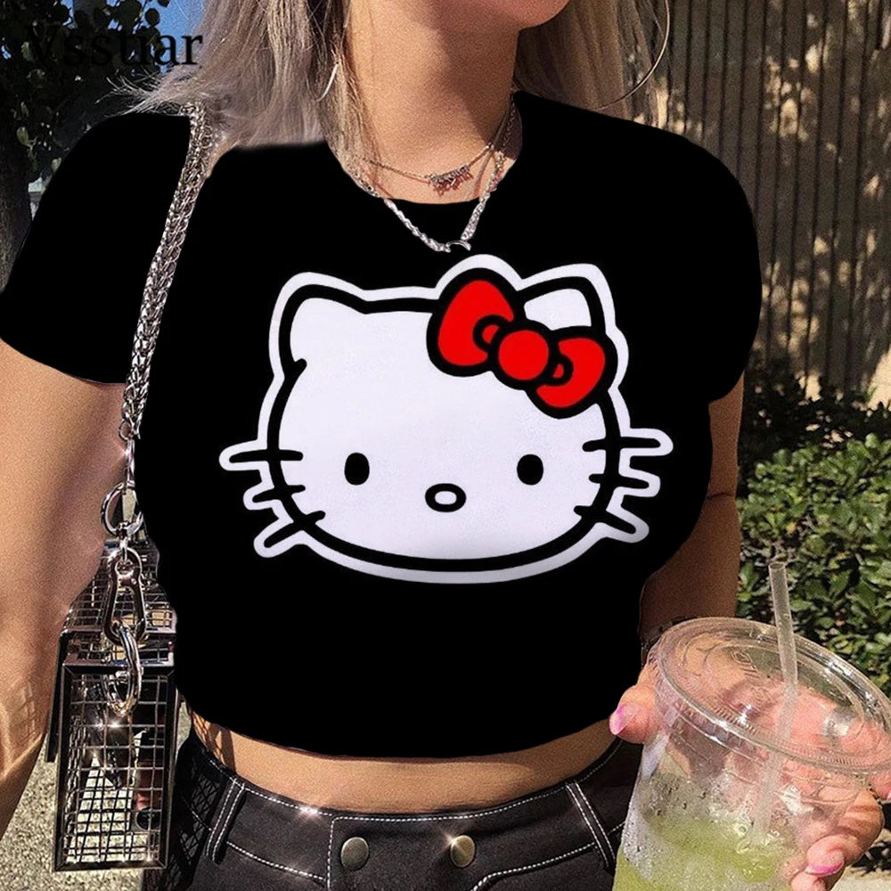 LVSANW Hello Kitty Sweet Purple Short Sleeve Women Casual T Shirts Basic O Neck All Match Crop Top Soft Bodycon Korean Fashion Tees