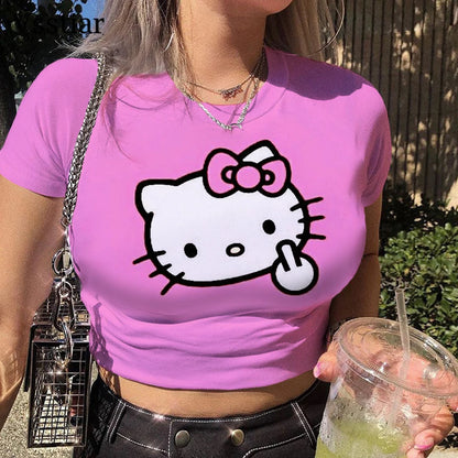 LVSANW Hello Kitty Sweet Purple Short Sleeve Women Casual T Shirts Basic O Neck All Match Crop Top Soft Bodycon Korean Fashion Tees