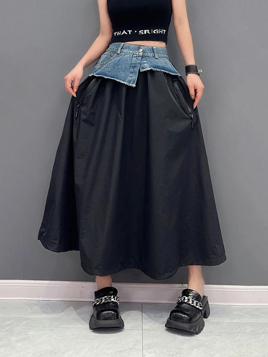 LVSANW High Elastic Waist Green Denim Irregular Casual A-line Half-body Skirt Women Fashion Tide New Spring Autumn