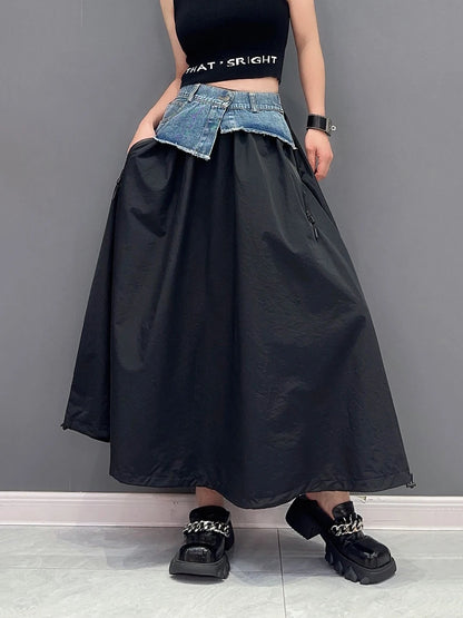 LVSANW High Elastic Waist Green Denim Irregular Casual A-line Half-body Skirt Women Fashion Tide New Spring Autumn 2024