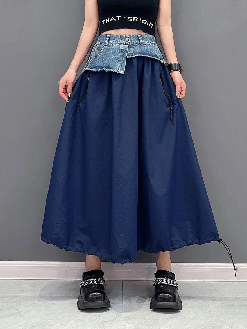 LVSANW High Elastic Waist Green Denim Irregular Casual A-line Half-body Skirt Women Fashion Tide New Spring Autumn 2024