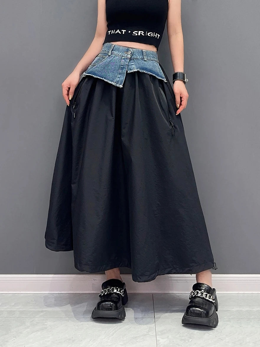 LVSANW High Elastic Waist Green Denim Irregular Casual A-line Half-body Skirt Women Fashion Tide New Spring Autumn 2024