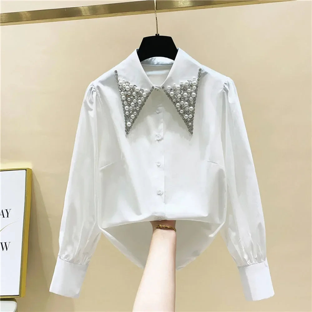 LVSANW High Quality Pearls Diamonds Collar White Shirt Women Tops Mujer 2024 Spring New Arrival Elegant Blouse Tops Camisas Mujer D194