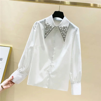 LVSANW High Quality Pearls Diamonds Collar White Shirt Women Tops Mujer 2024 Spring New Arrival Elegant Blouse Tops Camisas Mujer D194