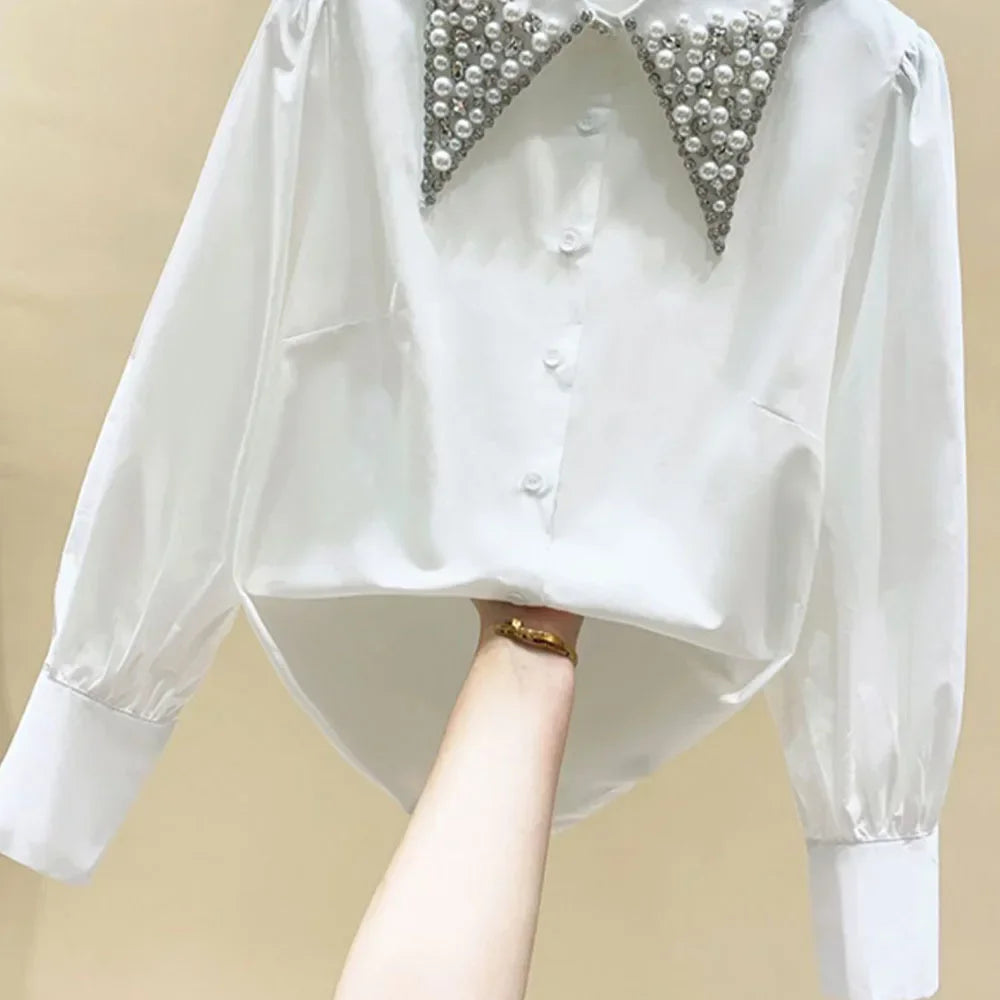 LVSANW High Quality Pearls Diamonds Collar White Shirt Women Tops Mujer 2024 Spring New Arrival Elegant Blouse Tops Camisas Mujer D194