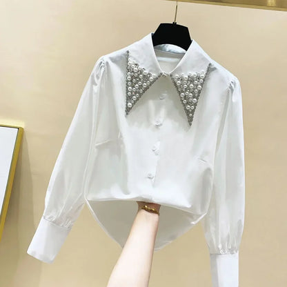 LVSANW High Quality Pearls Diamonds Collar White Shirt Women Tops Mujer 2024 Spring New Arrival Elegant Blouse Tops Camisas Mujer D194