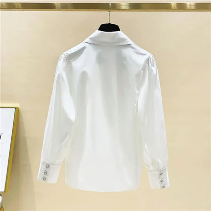 LVSANW High Quality Pearls Diamonds Collar White Shirt Women Tops Mujer 2024 Spring New Arrival Elegant Blouse Tops Camisas Mujer D194