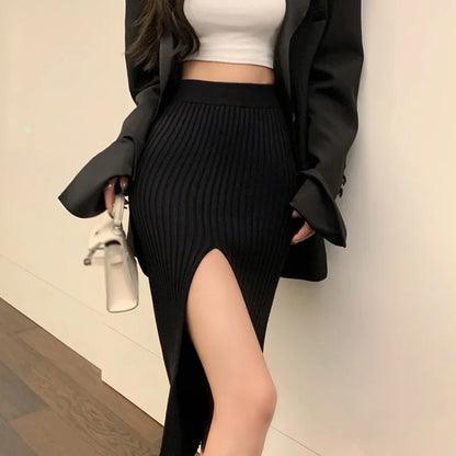 LVSANW High Waist Knitted Half Skirt For Women  Spring Autumn Elastic Force Temperament Thin Sexy Split Slim Skirts