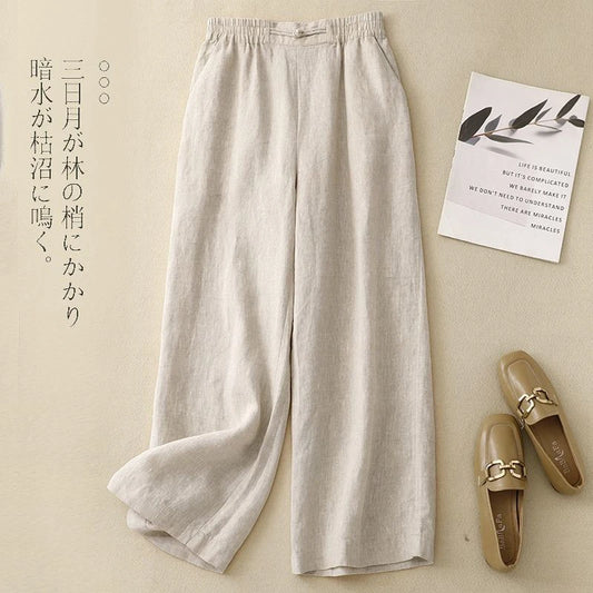 LVSANW High Waist Wide-leg Pants Casual Elastic Solid Straight Nine-point Pants Summer New Cotton Linen Simple Versatile Women Pants