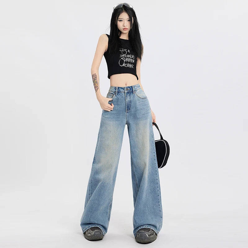 LVSANW High Waisted Jeans Women Streetwear Denim Pants 2024 Y2k Wide Leg Pants Casual Trousers Korean Style Fashion Straight Jeans