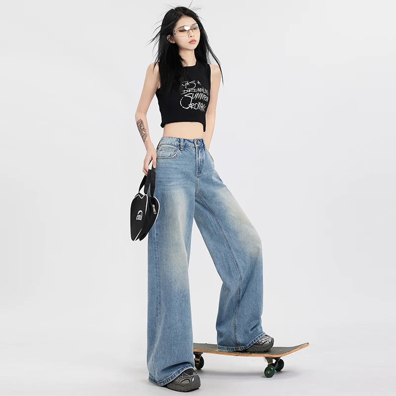 LVSANW High Waisted Jeans Women Streetwear Denim Pants 2024 Y2k Wide Leg Pants Casual Trousers Korean Style Fashion Straight Jeans