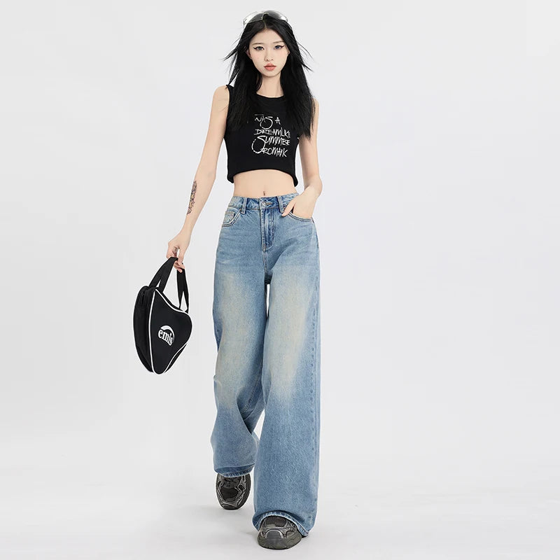 LVSANW High Waisted Jeans Women Streetwear Denim Pants 2024 Y2k Wide Leg Pants Casual Trousers Korean Style Fashion Straight Jeans