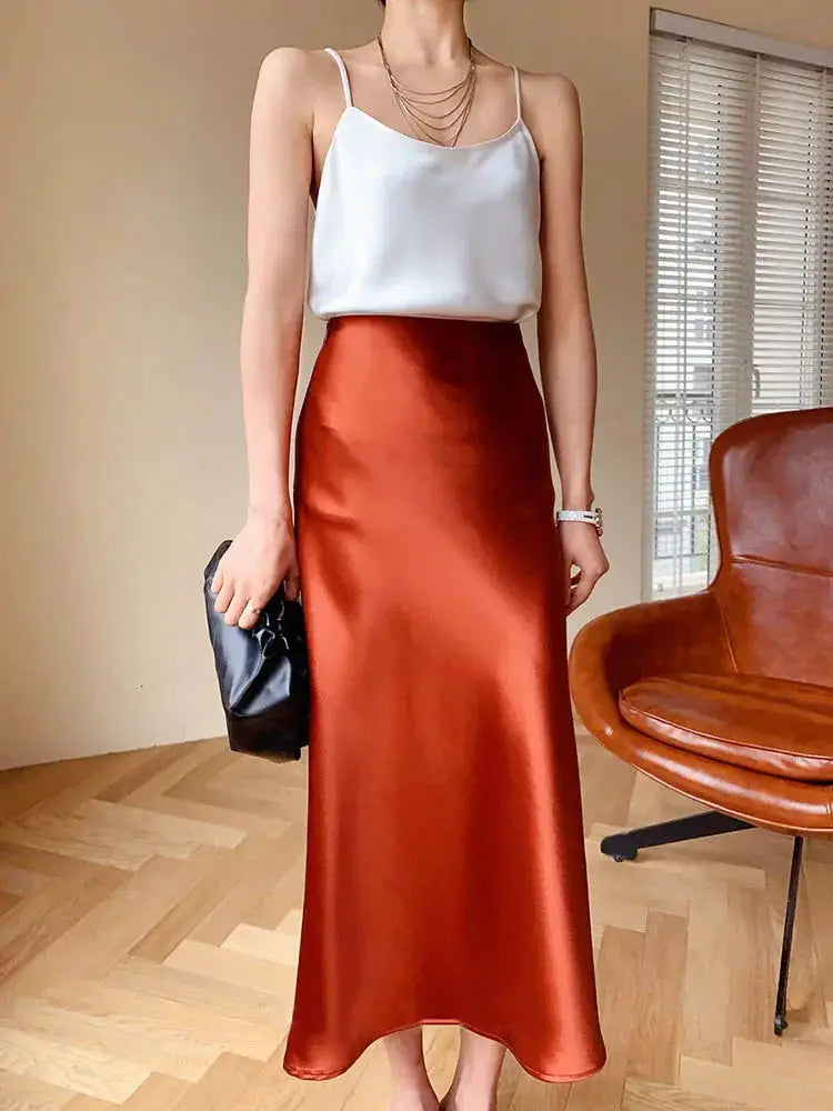 LVSANW High Waisted Satin Long Skirts for Women Spring/Summer New 2024 Women's Skirt A-line Fashion Elegant Slim Fit Grey Black Skirt