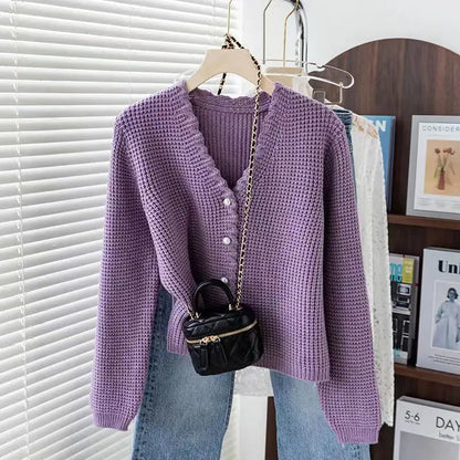 LVSANW High-end Waffle Knitted Cardigan Women's 2025 New Spring and Autumn V-neck Wear Versatile Sweater Fashion Top