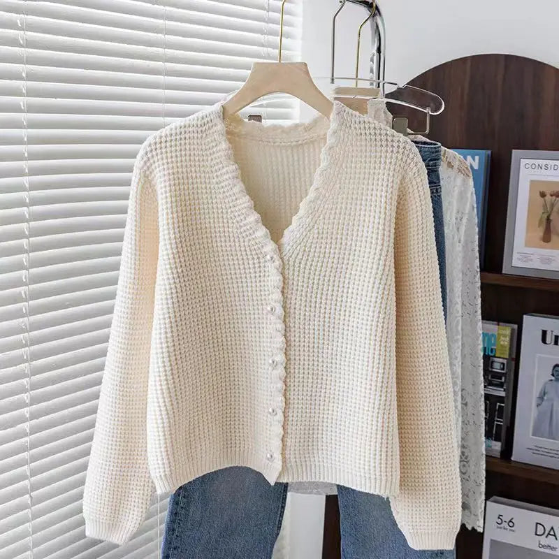 LVSANW High-end Waffle Knitted Cardigan Women's 2025 New Spring and Autumn V-neck Wear Versatile Sweater Fashion Top