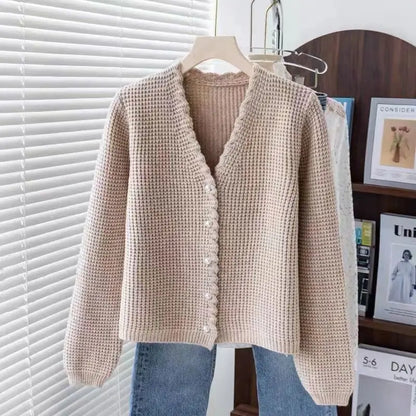 LVSANW High-end Waffle Knitted Cardigan Women's 2025 New Spring and Autumn V-neck Wear Versatile Sweater Fashion Top