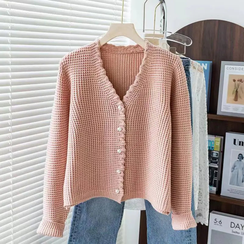 LVSANW High-end Waffle Knitted Cardigan Women's 2025 New Spring and Autumn V-neck Wear Versatile Sweater Fashion Top