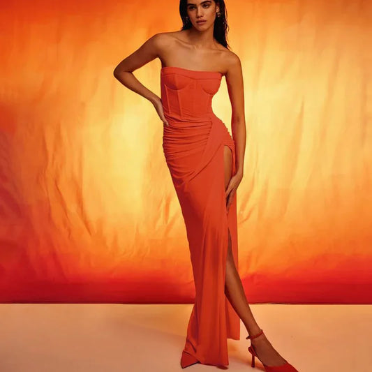 LVSANW High end fashionable solid color backless strapless sexy slit evening dress long skirt