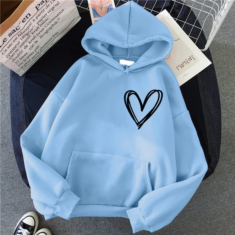 LVSANW Hirsionsan Simplic Heart Print Women Sweatshirt Soft Casual Loose Vintage Female Hoodies 2024 Winter Warm Fleece Student Tops