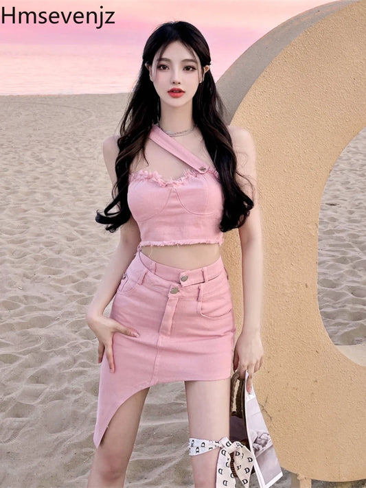 LVSANW Hmsevenjz Sweet Hot Gilr Two-Piece Set Suit Women 2024 Summer New Fashion Pink Denim Tube Top Slender Skirt Asymmetrical Suits