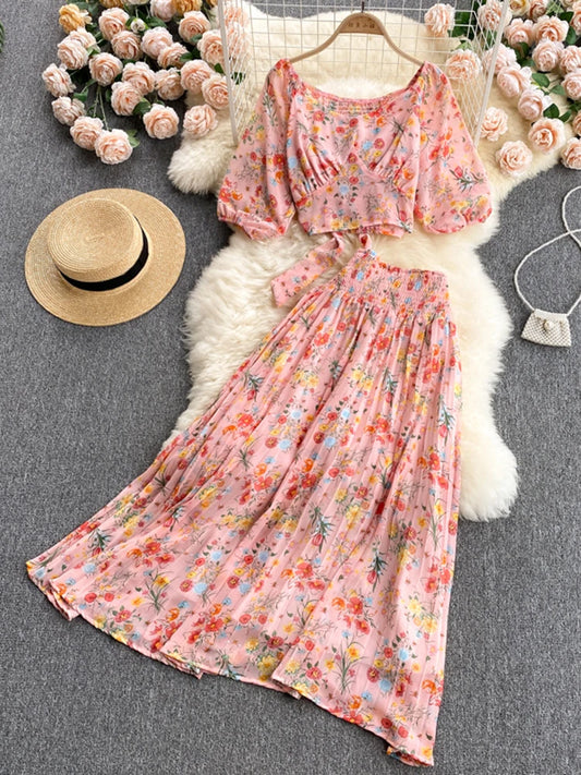 LVSANW Holiday Style Floral Suit Women's Summer Chiffon Blouse Women's High-waist Pleated Skirt Two-piece Age Reduction DK480