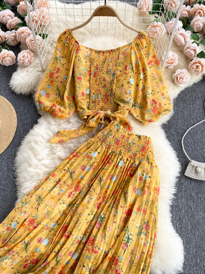 LVSANW Holiday Style Floral Suit Women's Summer Chiffon Blouse Women's High-waist Pleated Skirt Two-piece Age Reduction DK480