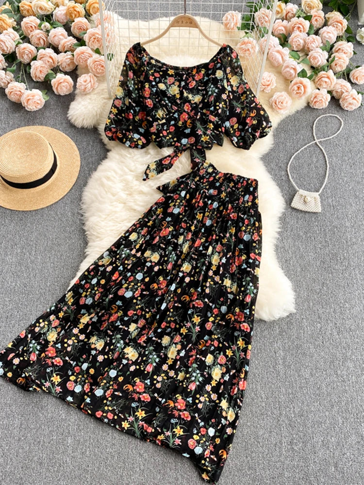 LVSANW Holiday Style Floral Suit Women's Summer Chiffon Blouse Women's High-waist Pleated Skirt Two-piece Age Reduction DK480