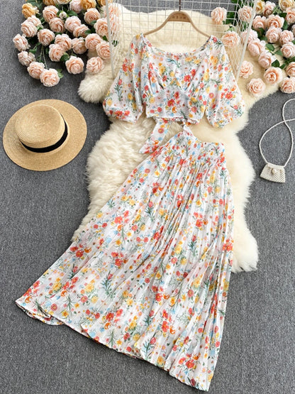 LVSANW Holiday Style Floral Suit Women's Summer Chiffon Blouse Women's High-waist Pleated Skirt Two-piece Age Reduction DK480