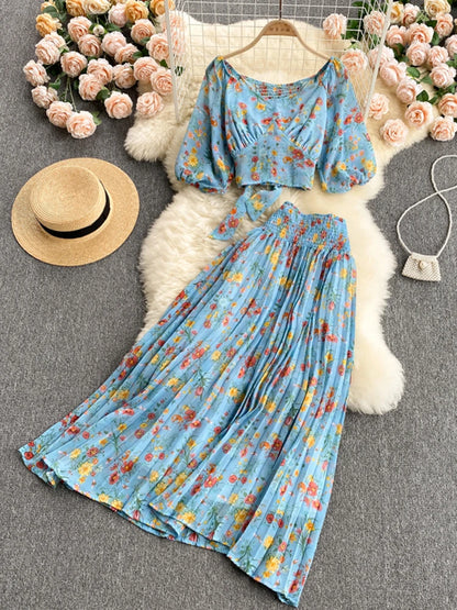 LVSANW Holiday Style Floral Suit Women's Summer Chiffon Blouse Women's High-waist Pleated Skirt Two-piece Age Reduction DK480